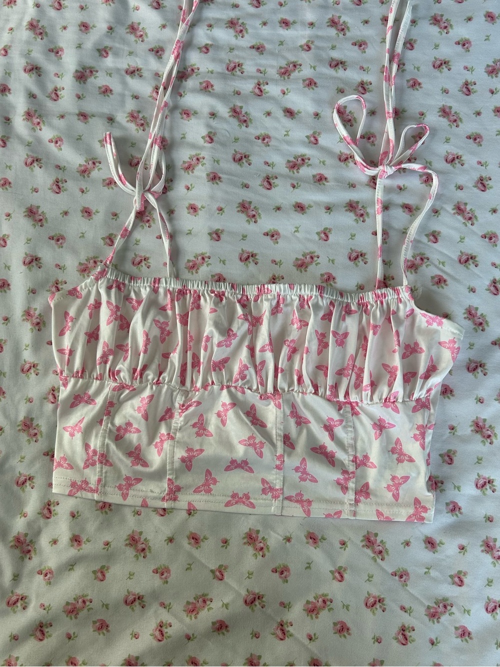 DOLLS KILL Pink Butterfly Print Tie-Strap Crop Top